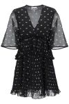 Ganni Pleated Georgette V-neck Flounce Mini Dress In Black