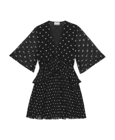 GANNI GANNI BUTTERFLY-PRINTED V-NECK PLEATED MINI DRESS