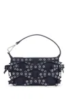Ganni Denim Small Bow Eyelet Butterfly Pouch Bag In Dark Navy