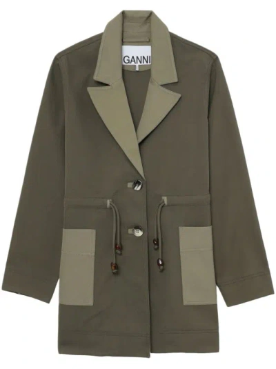 Ganni Button-down Drawstring Twill Jacket In Grey