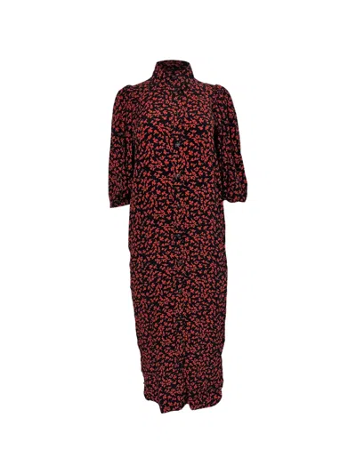 Pre-owned Ganni Button-down Print Midi Dress In Black