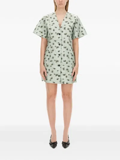 Ganni Floral Print Buttoned Minidress In Gray