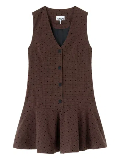 Ganni Button Polka Dot Dress In Brown