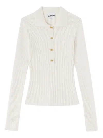 Ganni Button Ribbed Polo Shirts In Multi