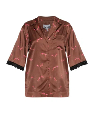 Ganni Button Shirt In Brown