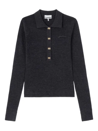Ganni Buttoned Collar Polo Shirt In Black