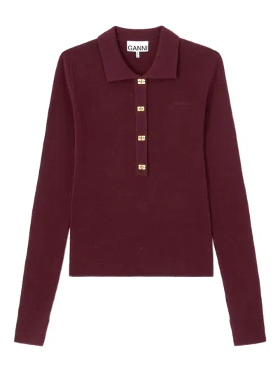Ganni Gucci Logo Cotton Polo Shirt In Burgundy