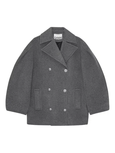 Ganni Buttoned Double-breasted Peacoat In Gray