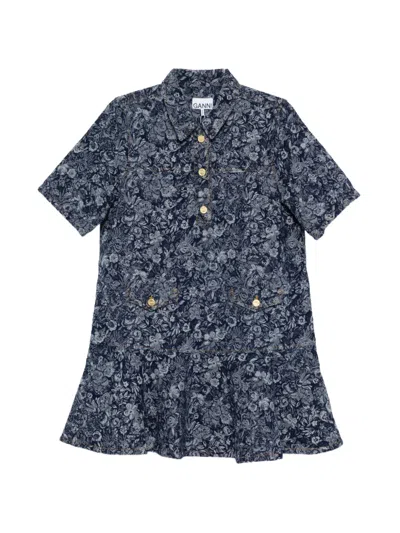 Ganni Buttoned Floral Dress In Brown