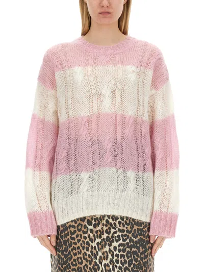 Ganni Striped Mohair Cable O-neck Sweater In Multi