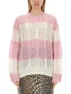 Ganni Striped Mohair Cable O-neck Sweater In Pink
