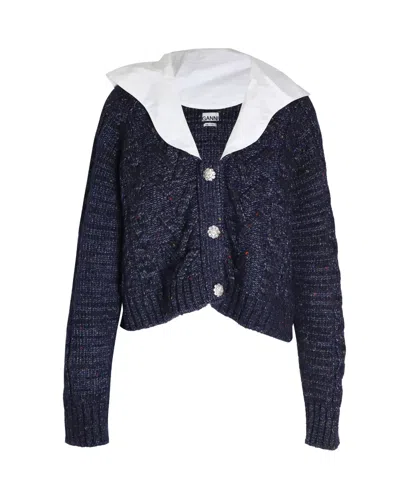 Pre-owned Ganni Cable-knit Poplin-collar Cardigan In Blue