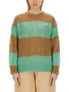 Ganni Striped Cable-knit Merino Wool-blend Sweater In Green