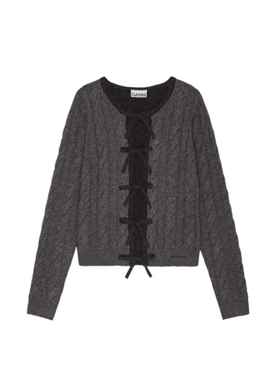 Ganni Cable-knit Tie-detail Cardigan In Gray