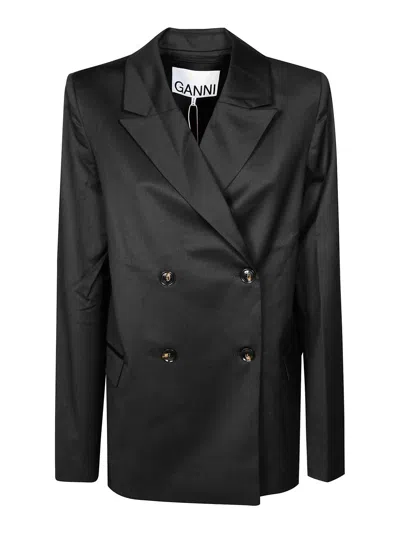 Ganni Calendered Wool Blazer In Black