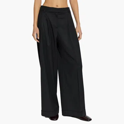 Ganni Calendered Wool Oversized Pleated Pants In Black