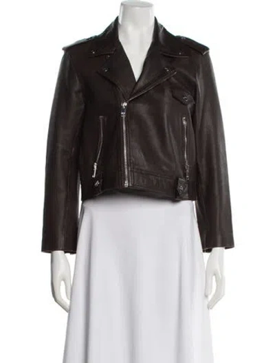 Pre-owned Ganni Calf Leather Biker Jacket In Brown