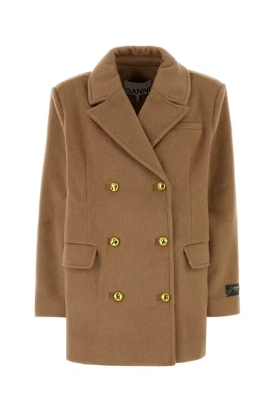 Ganni Camel Wool Blend Coat In Brown