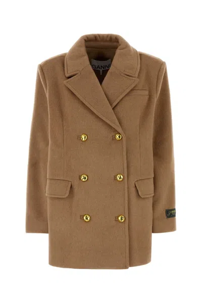 Ganni Camel Wool Blend Coat In Orange