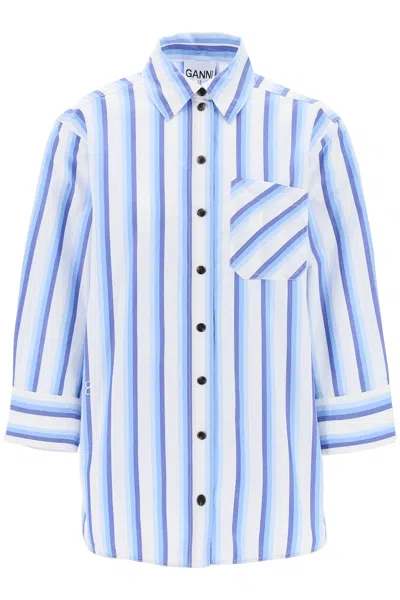 Ganni Camicia Oversize A Righe In Popeline In Blue