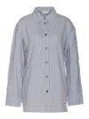 Ganni Multicolor Shirt With All-over Stripes And Logo Patch On The Front In Viscose Blend Woman In Blue
