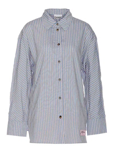 Ganni Striped Chambray Long Sleeve Regular Collar Top In Multi