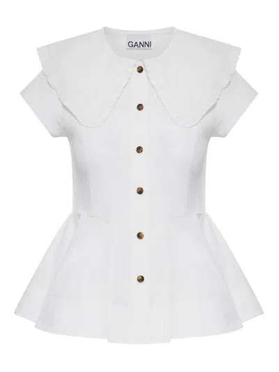 Ganni Peplum Top Short Sleeves Ruffled Collar In Neutral