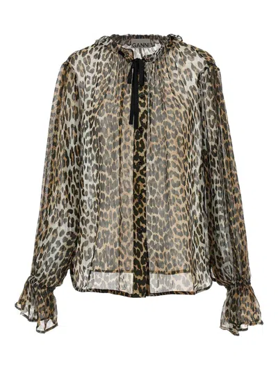 GANNI LEOPARD PRINT CHIFFON TIE STRING SHIRT