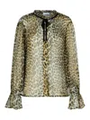 Ganni Leopard Print Viscose Shirt With Flared Hem In Brown