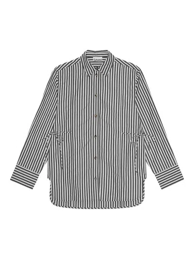 GANNI STRIPE COTTON OVERSIZED TIE STRING SHIRT