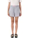 Ganni Violet Shorts With Logo Patch On The Front And All-over Striped Motif In Viscose Blend Woman