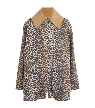 Ganni Leopard Printed Canvas Midi Puffer Jackets Brown In Animal Print