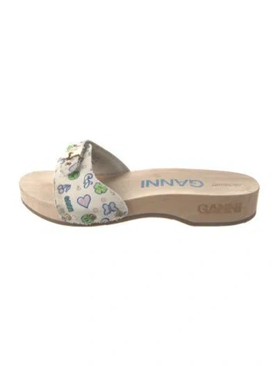 Pre-owned Ganni Canvas Graphic Print Slides In White