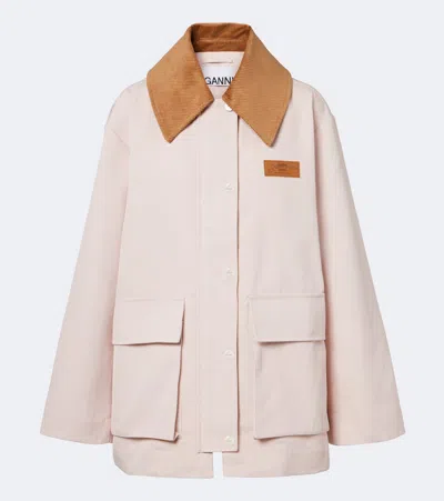 Ganni Recycled Polyethylene Shirt Jacket With Velvet Collar In Pink