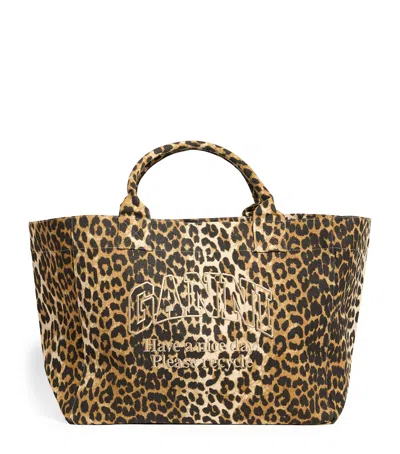 Ganni Canvas Logo Oversized Tote Bag In Brown