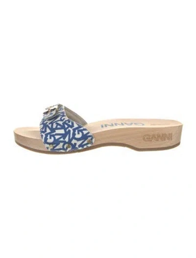 Pre-owned Ganni Canvas Printed Slides In Blue