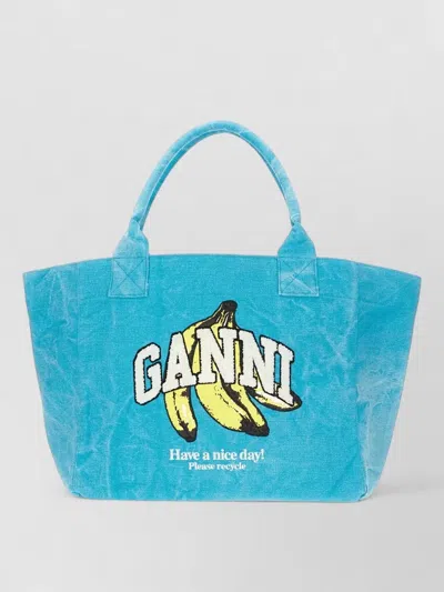 Ganni Canvas Tote Bag Graphic Print Handles In Blue