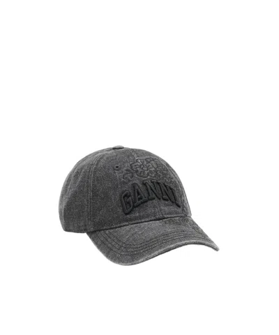 Ganni Cap In Embroidered Denim In Gray