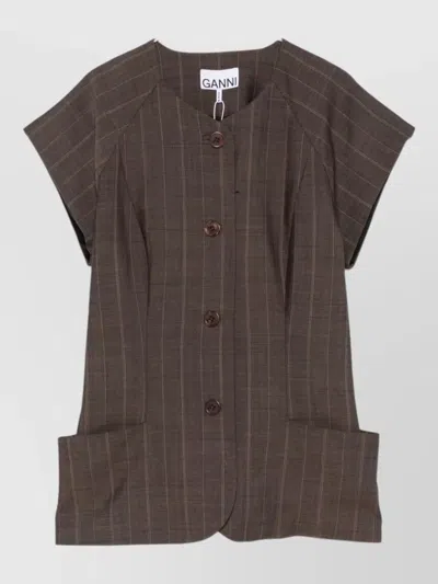 Ganni Cap Sleeve Jacket Striped Pattern Pockets Front In Brown
