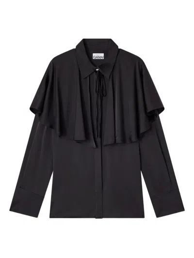 Ganni Cape-detail Satin Shirt In Black