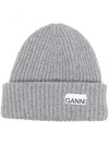 Ganni Melange Grey Logo Beanie