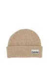 Ganni Loose Wool Rib Knit Beanie In Beige