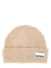Ganni Loose Wool Rib Knit Beanie In Beige