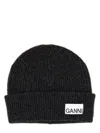 Ganni Logo Ribbed Wool-blend Beanie In Grey