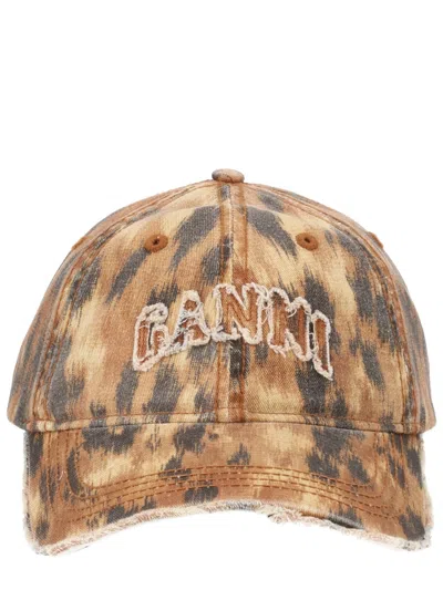 Ganni Distressed Curved Brim Structured Hat In Brown