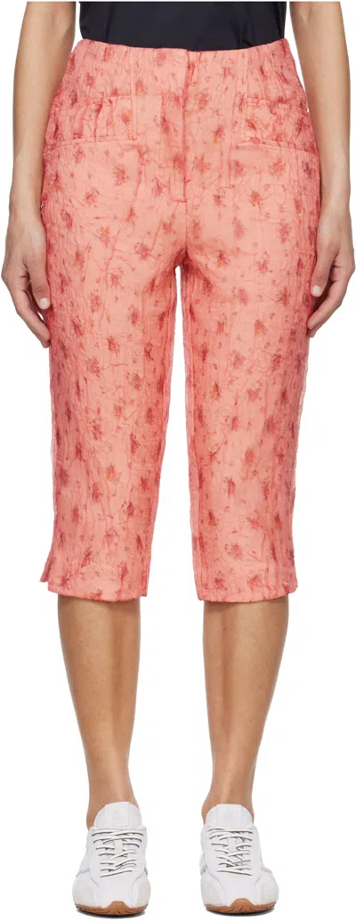 Ganni Floral-print Crinkled Shibori-organza Skinny-leg Capri Pants In Pink