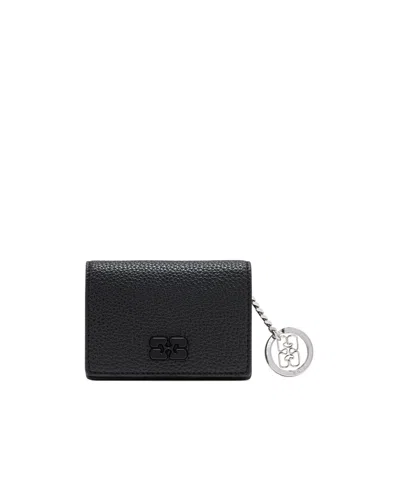 Ganni Card Holder With Flap In Grained Black
