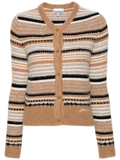 Ganni Cardigan In Alpaca And Merino Wool With A Striped Pattern In Multicolour