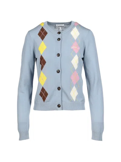 Ganni Cardigan Mit Argyle-muster In Blue