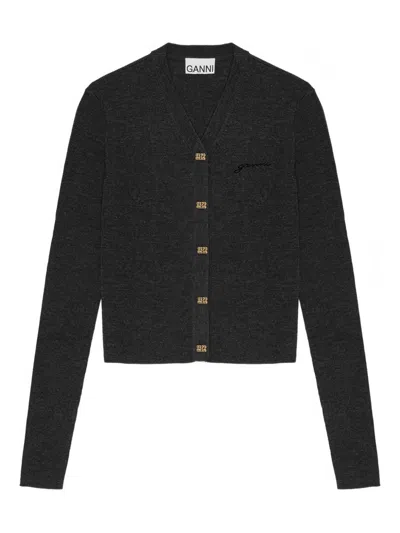 Ganni Cardigan Nero Antracite In Lana Merino Con Scollo A V